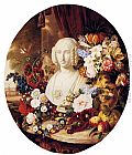 Fruit Canvas Paintings - A Still Life With Assorted Flowers, Fruit And A Marble Bust Of A Woman